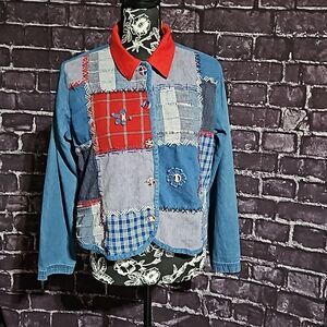 New Directions Vintage Denim patchwork embroidery Shirt whimsical Cottagecore